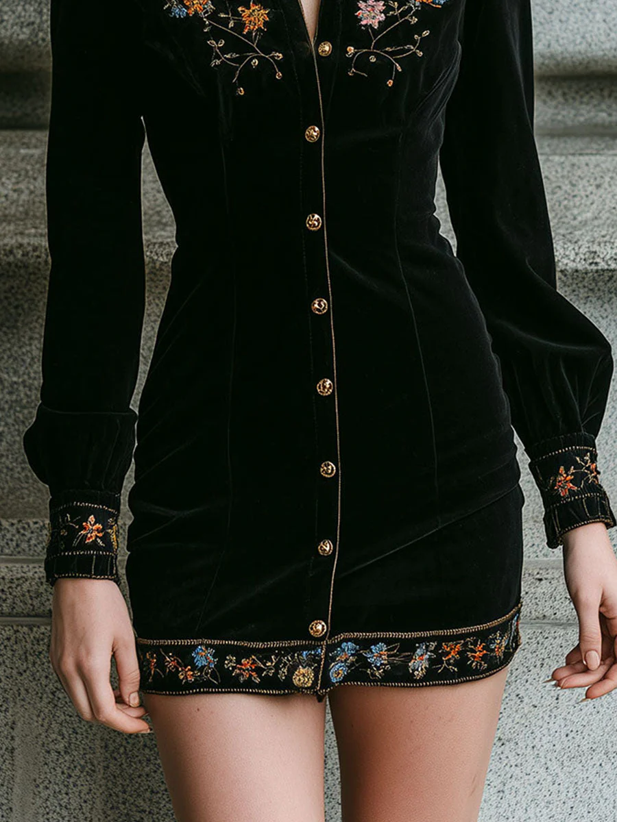 Timeless Boho Black Velvet Embroidered Mini Dress - Image 3