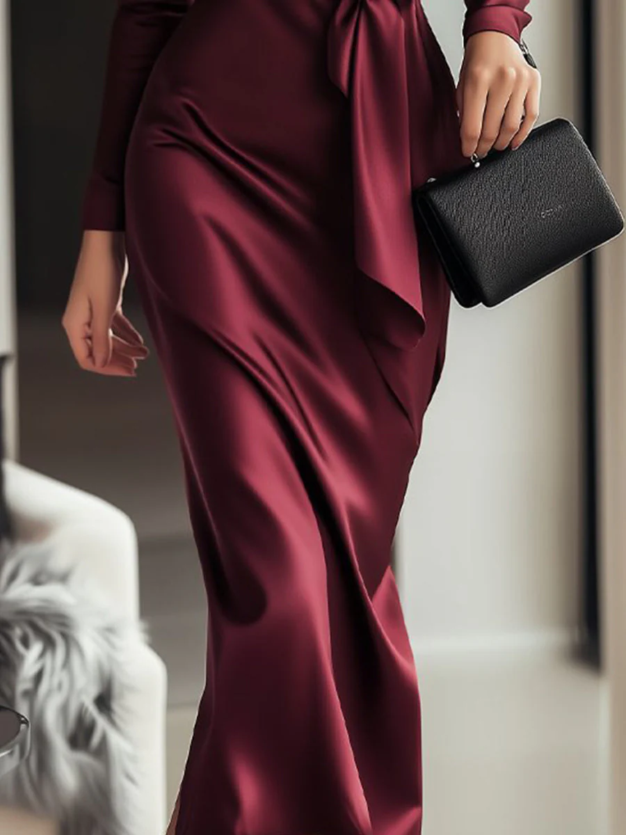 Timeless Burgundy Satin Wrap Dress with Waist Tie Detail - Image 3