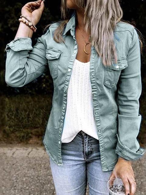 Trendy Lapel Neck Pleated Denim Jacket - Image 6