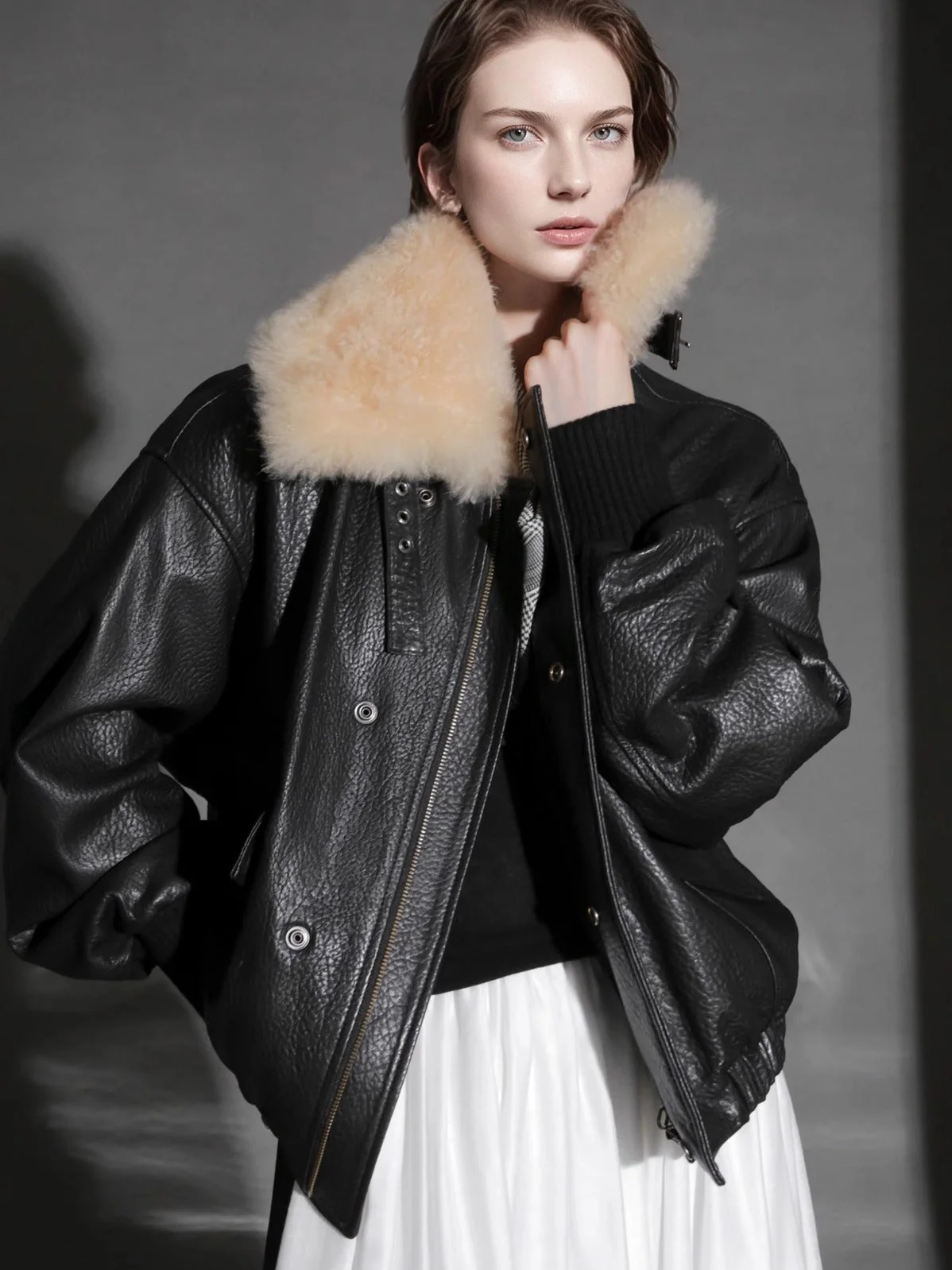 Trendy Shearling Collar Leather Jacket for Women – Short Moto Style PU Coat for Fall Winter - Image 4