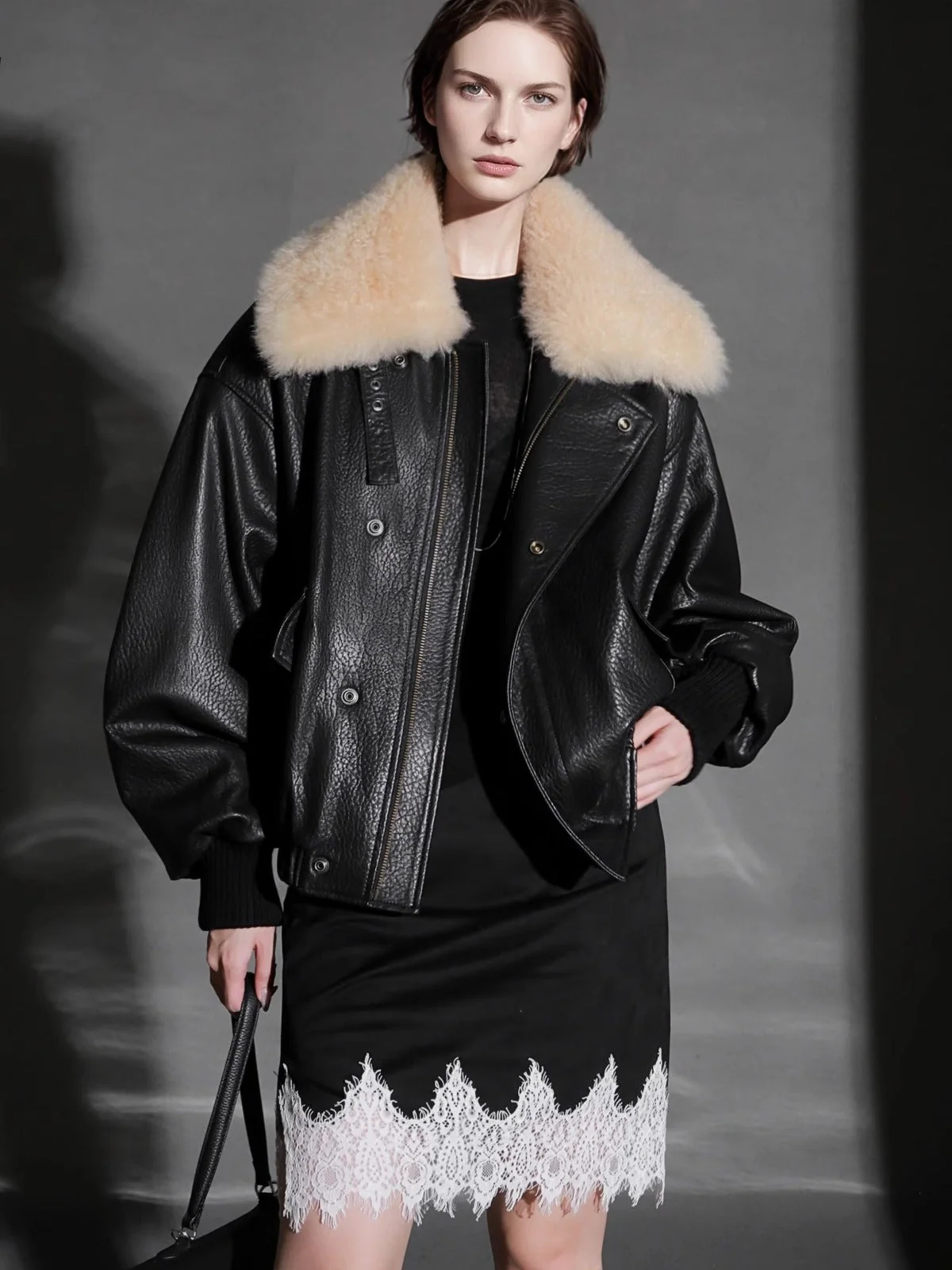Trendy Shearling Collar Leather Jacket for Women – Short Moto Style PU Coat for Fall Winter - Image 5
