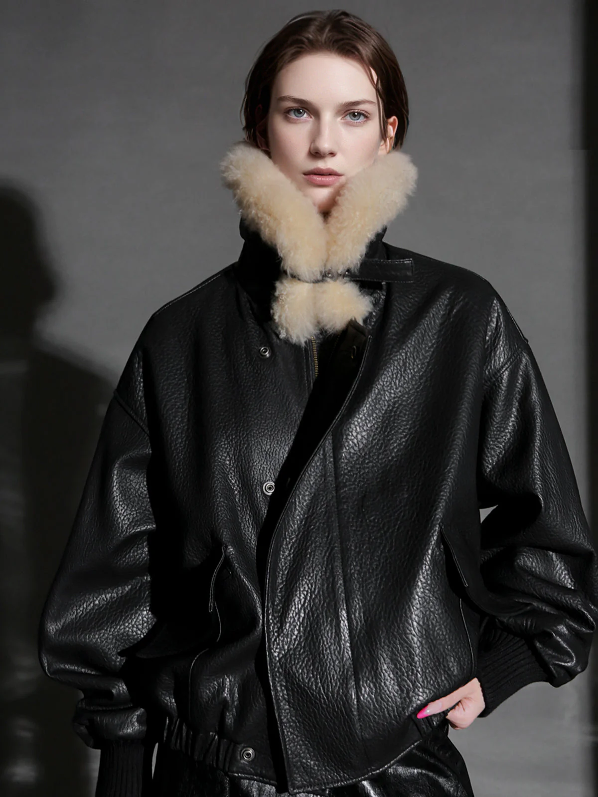 Trendy Shearling Collar Leather Jacket for Women – Short Moto Style PU Coat for Fall Winter - Image 6