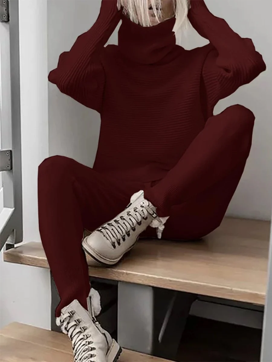 Turtleneck Knitted Two Pieces Pants Suits - Image 4