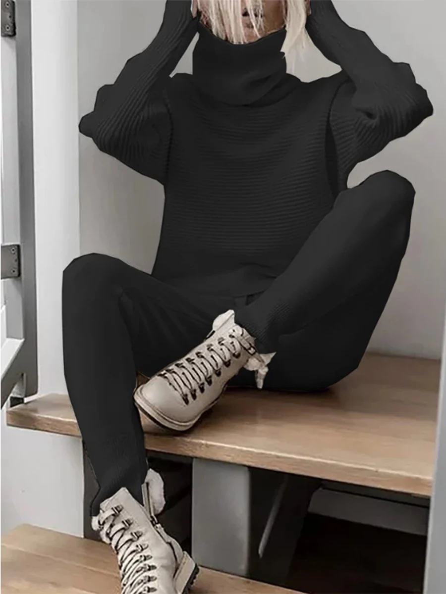 Turtleneck Knitted Two Pieces Pants Suits - Image 3