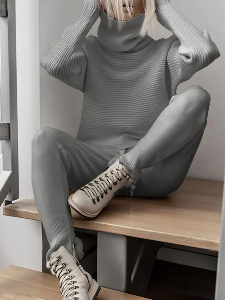 Turtleneck Knitted Two Pieces Pants Suits - Image 5