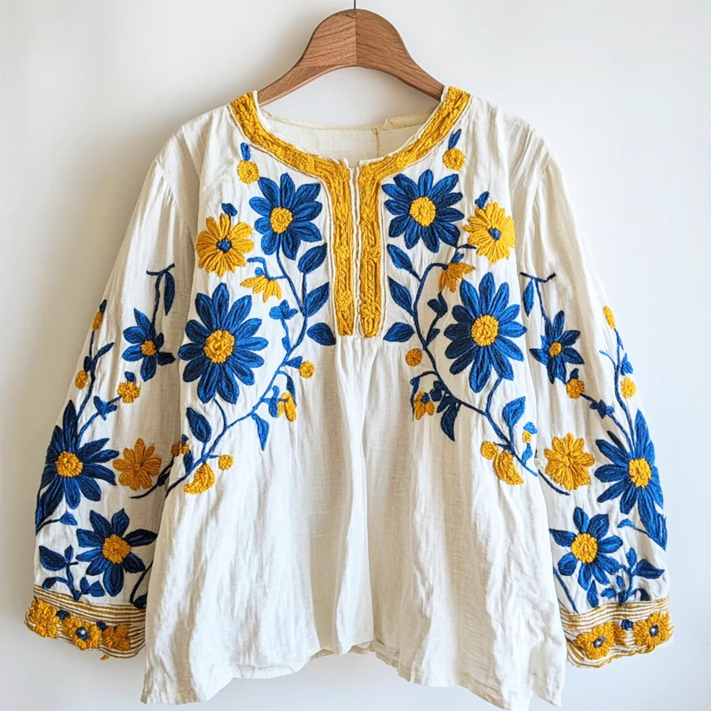 Ukrainian Ethnic Yellow And Blue Floral Embroidery Women's Linen Blouse - Image 2
