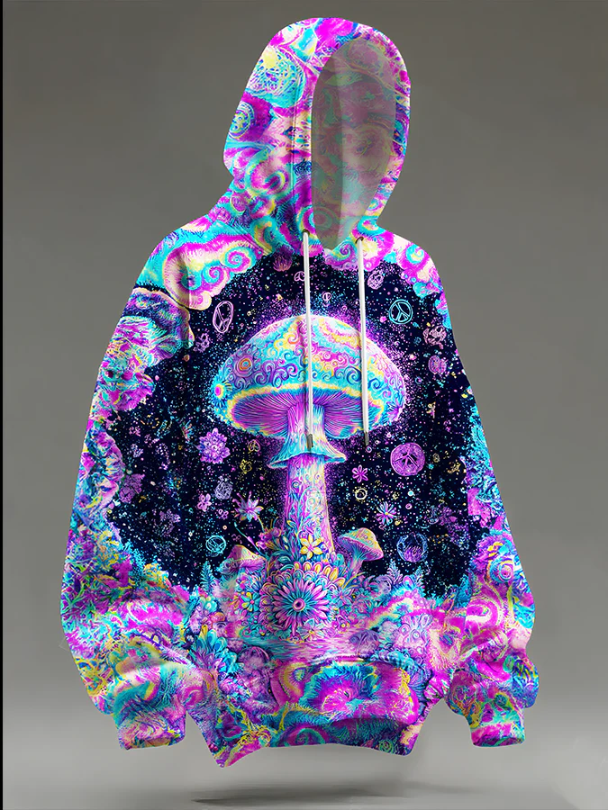 Unisex Magic Hippie Mushroom Art Long Sleeve Hooded Pocket Sweatshirt