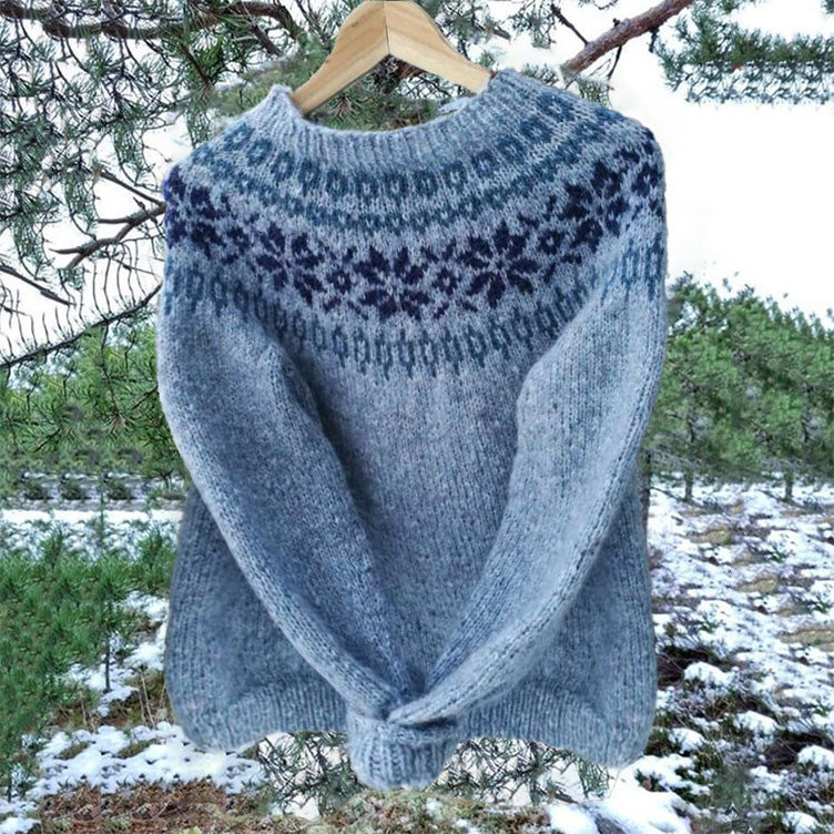 Unisex Vintage Blue Icelandic Knit Jacquard Warmth Crew Neck Sweater - Image 2