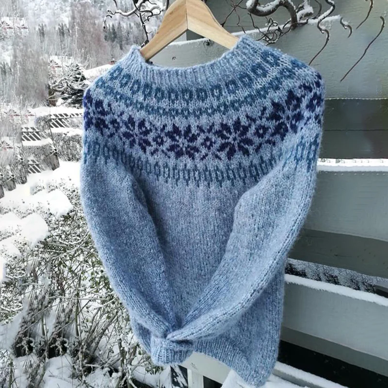 Unisex Vintage Blue Icelandic Knit Jacquard Warmth Crew Neck Sweater - Image 3
