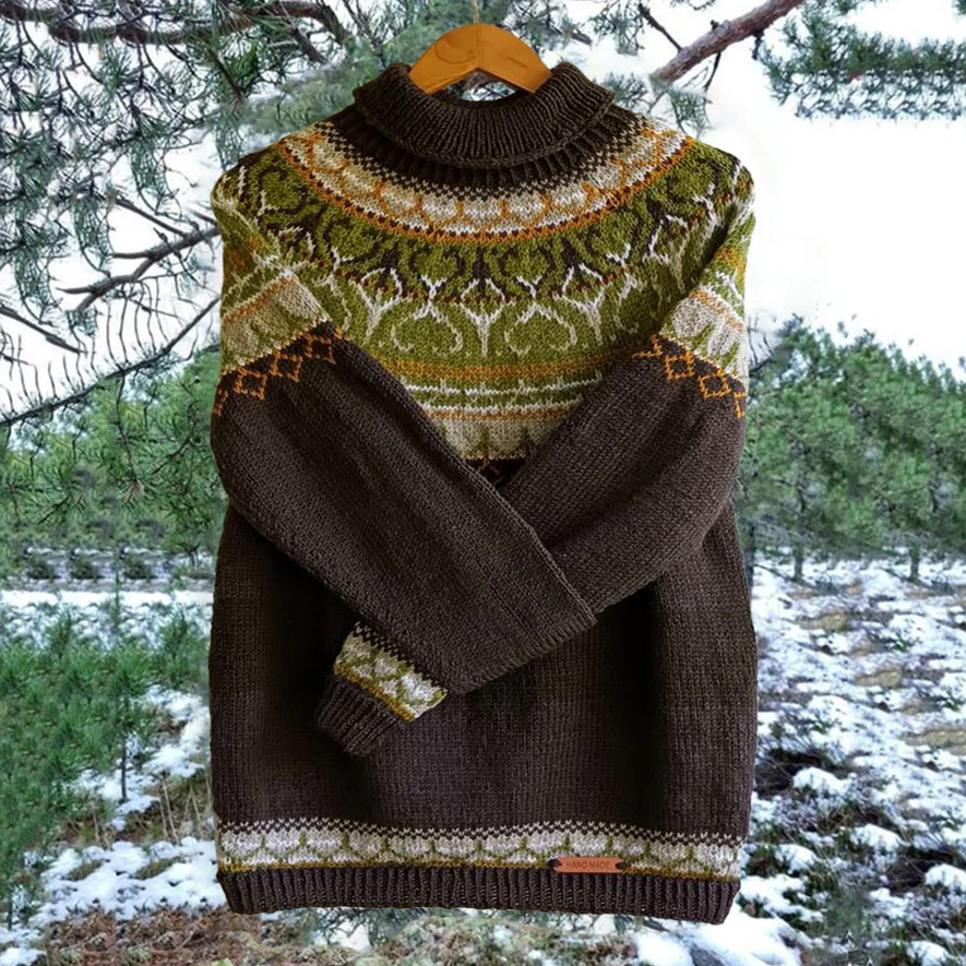 Unisex Vintage Green Icelandic Knit Jacquard Warmth High Neck Sweater - Image 2
