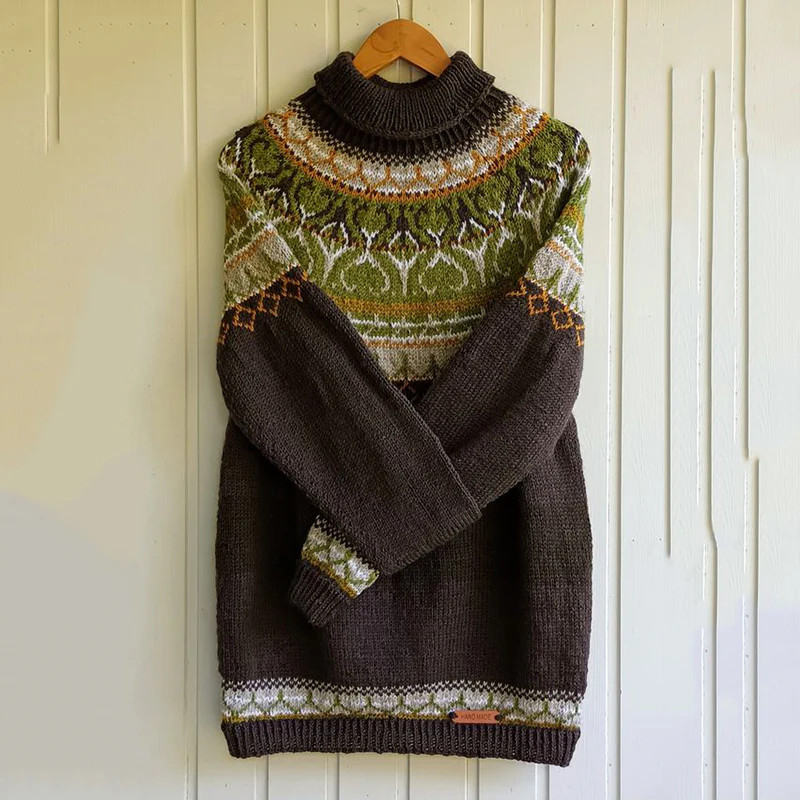 Unisex Vintage Green Icelandic Knit Jacquard Warmth High Neck Sweater - Image 3