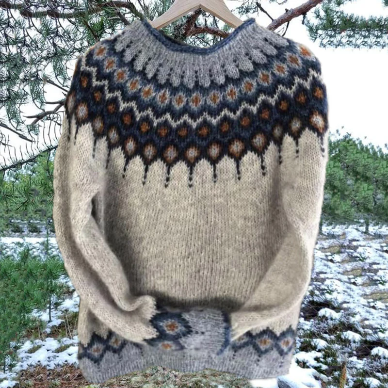 Unisex Vintage Icelandic Blue Knit Jacquard Warmth Crew Neck Sweater - Image 2