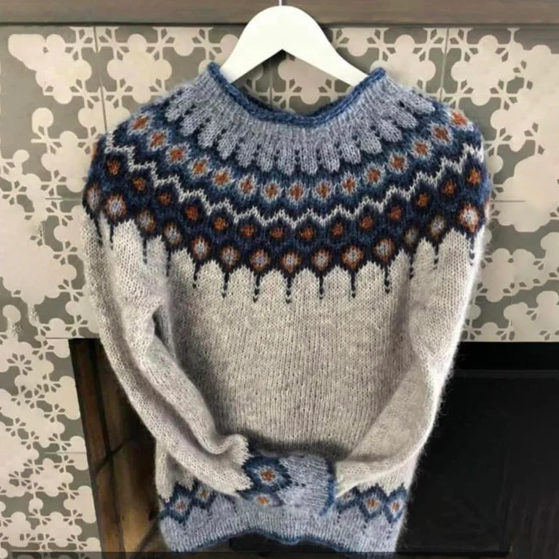 Unisex Vintage Icelandic Blue Knit Jacquard Warmth Crew Neck Sweater - Image 3