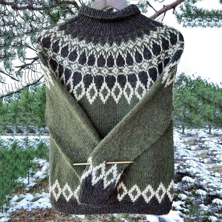 Unisex Vintage Icelandic Knit Jacquard Warmth High Neck Sweater - Image 2