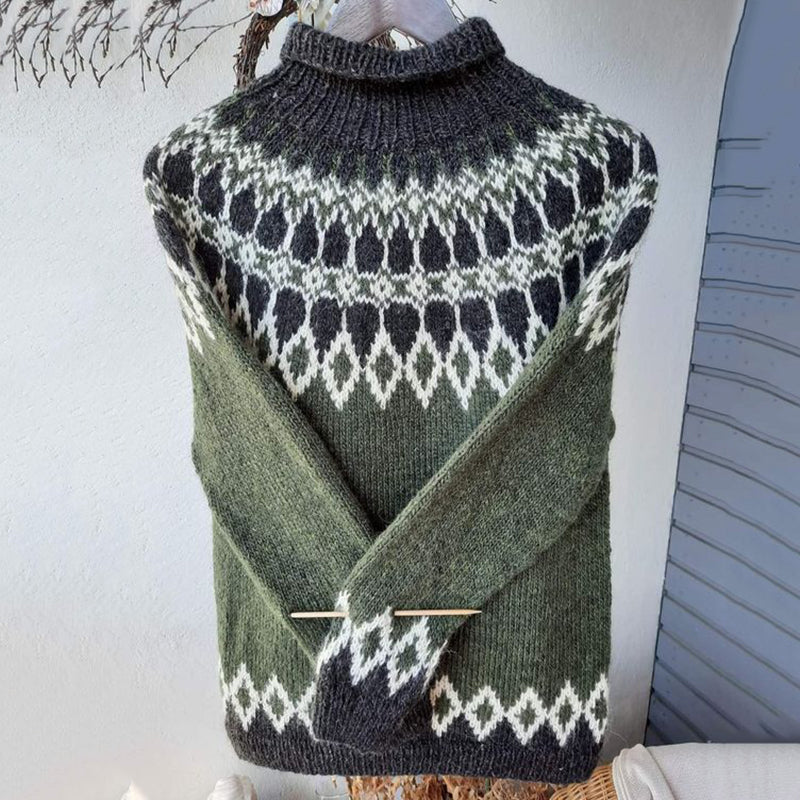 Unisex Vintage Icelandic Knit Jacquard Warmth High Neck Sweater - Image 3