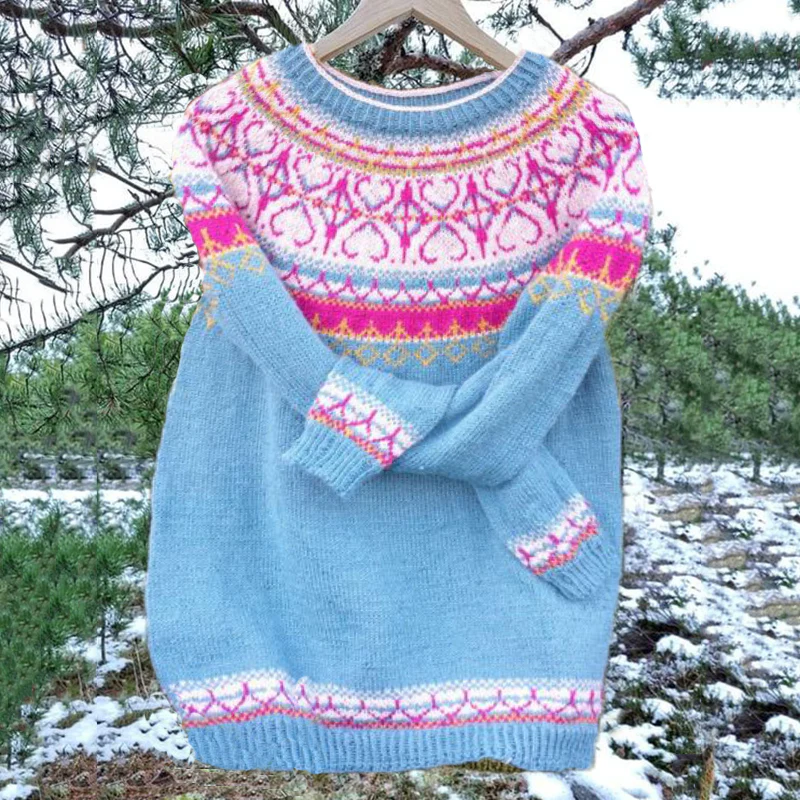 Unisex Vintage Icelandic Light Blue Knit Jacquard Warmth Crew Neck Sweater - Image 2