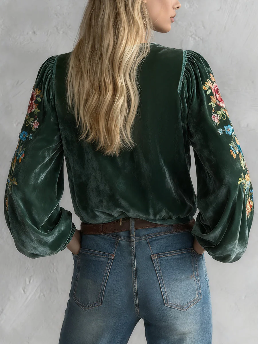 Ursime Dark Green Velvet Floral Print Lace-Up V Neck Lantern Sleeve Blouse - Image 2