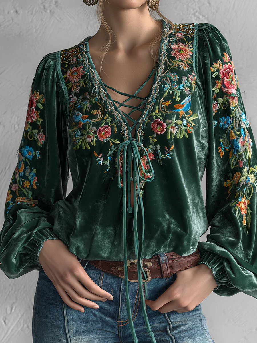 Ursime Dark Green Velvet Floral Print Lace-Up V Neck Lantern Sleeve Blouse - Image 3