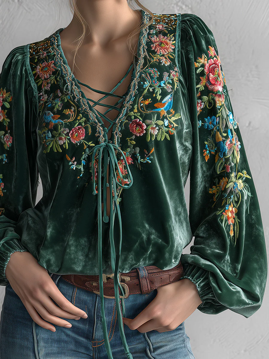 Ursime Dark Green Velvet Floral Print Lace-Up V Neck Lantern Sleeve Blouse - Image 4