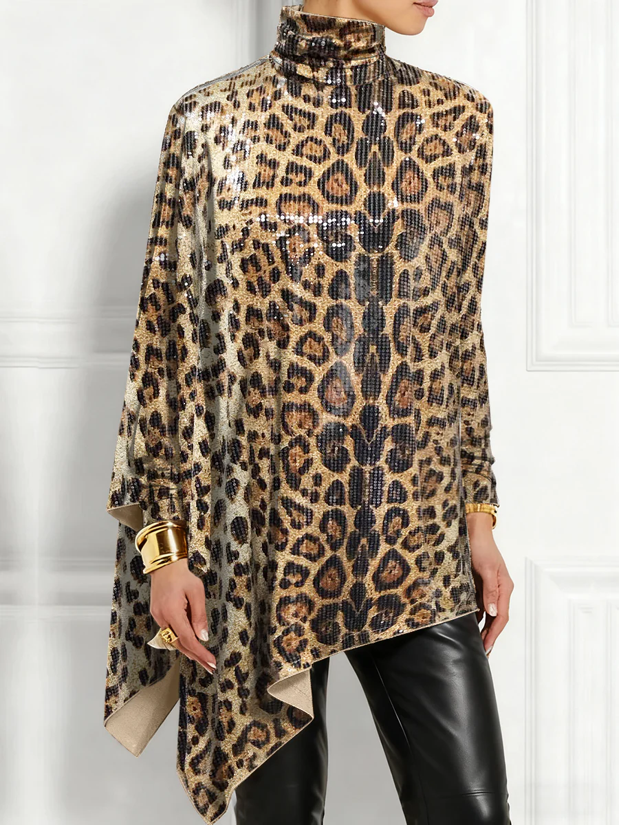 Ursime Party Metallic Brown Leopard High Collar Long Sleeve Irregular Hem Elegant Sequin Blouses [Pre-Order]