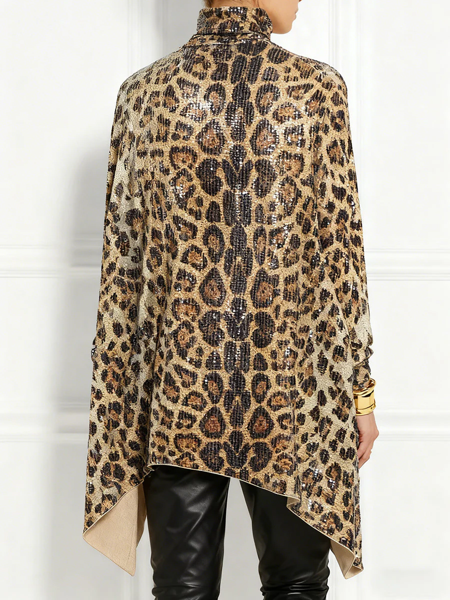Ursime Party Metallic Brown Leopard High Collar Long Sleeve Irregular Hem Elegant Sequin Blouses [Pre-Order] - Image 2