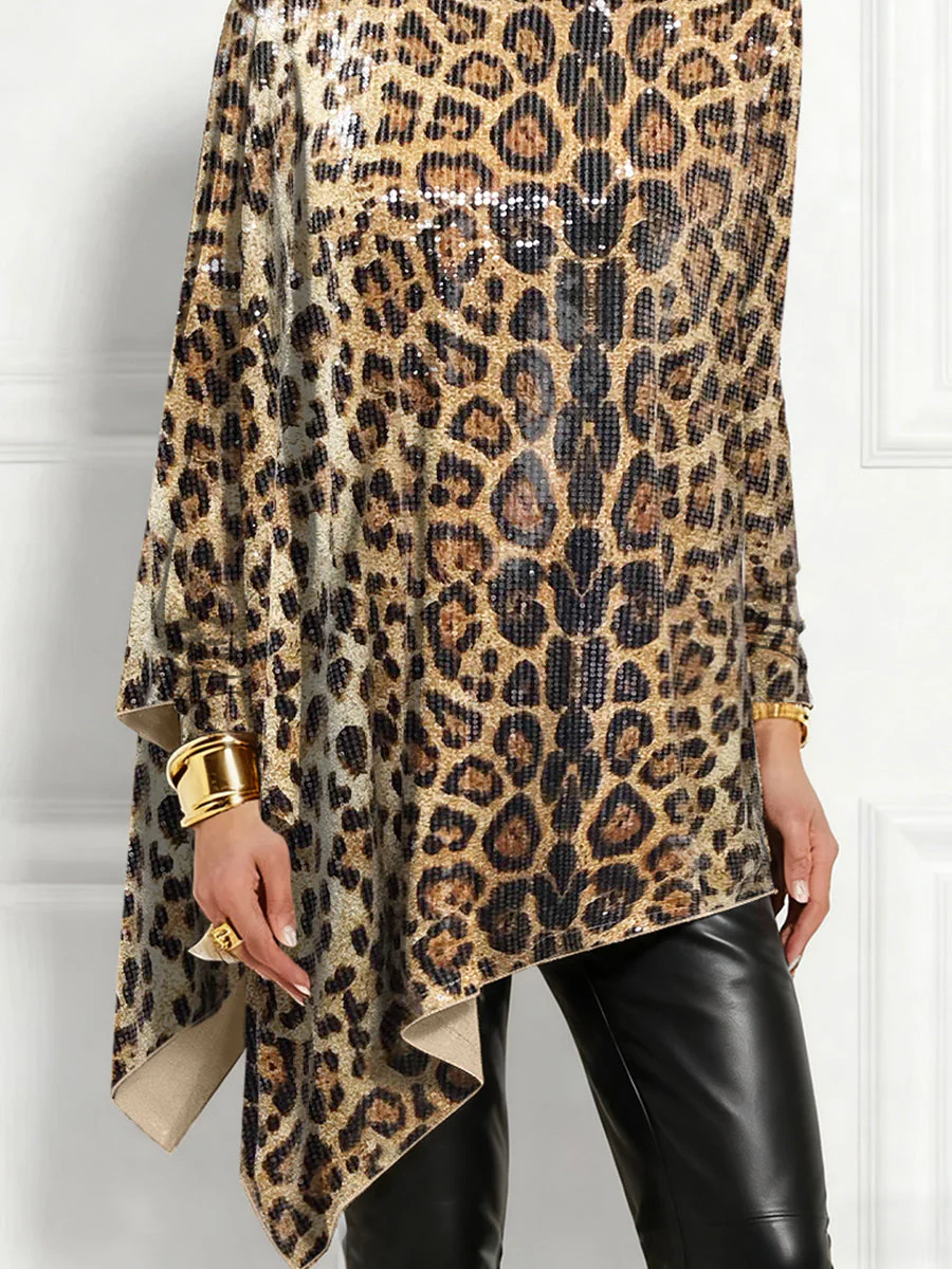 Ursime Party Metallic Brown Leopard High Collar Long Sleeve Irregular Hem Elegant Sequin Blouses [Pre-Order] - Image 3