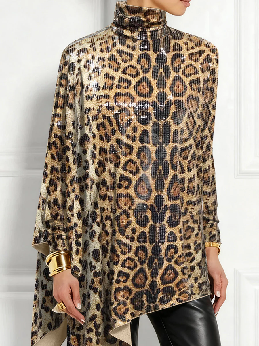 Ursime Party Metallic Brown Leopard High Collar Long Sleeve Irregular Hem Elegant Sequin Blouses [Pre-Order] - Image 4