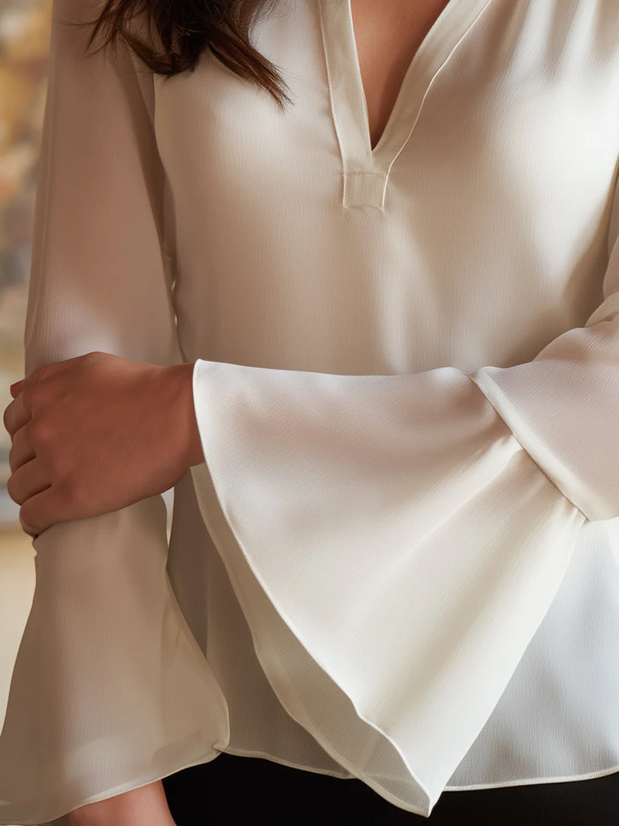 V-Neck Flared Sleeve Chiffon Blouse - Image 3