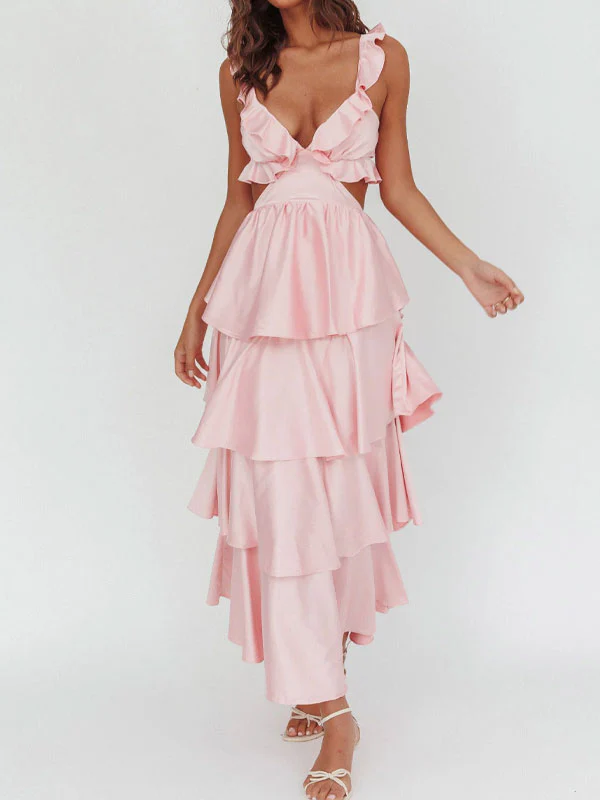 V neck frill sleeves tiered dress