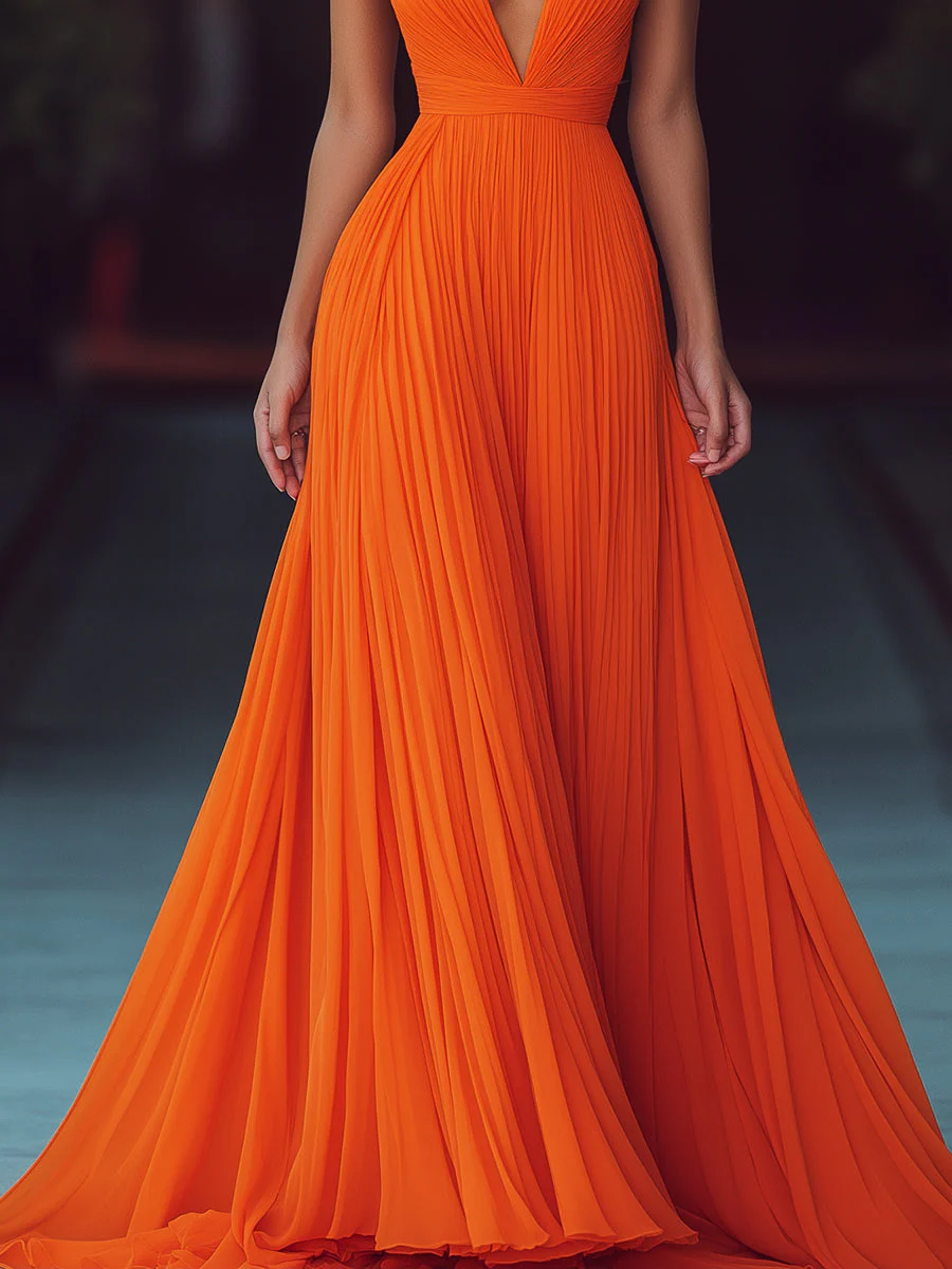 V-neck Halter Pleat Maxi Dress - Image 3