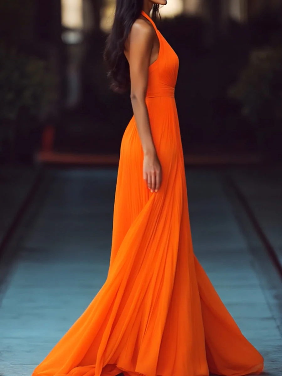 V-neck Halter Pleat Maxi Dress - Image 4