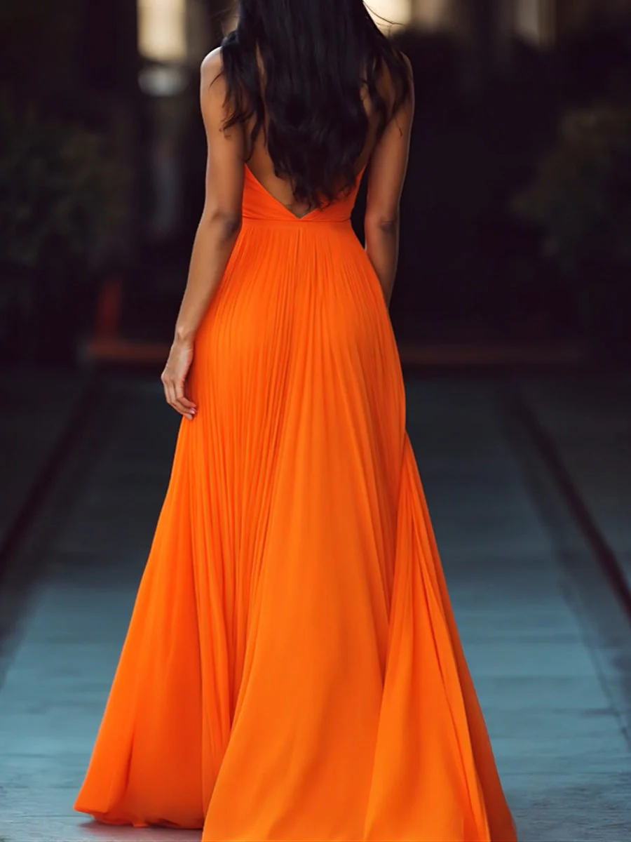 V-neck Halter Pleat Maxi Dress - Image 5