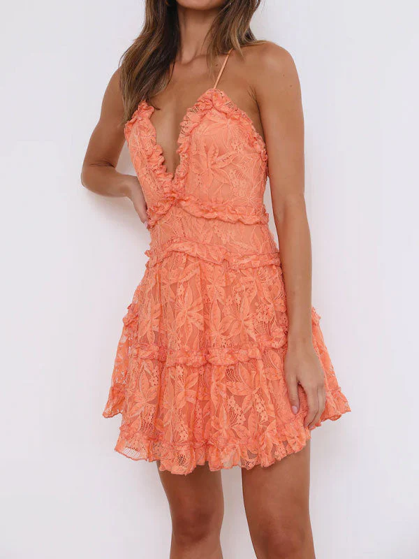 V neck lace dress in orange