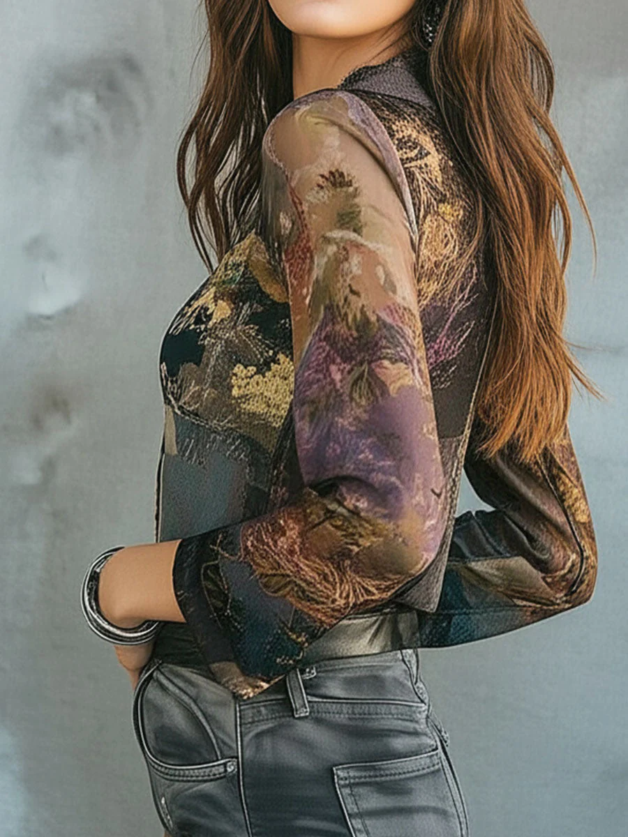 V Neck Lace Trim Floral Boho Patchwork Blouse - Image 4