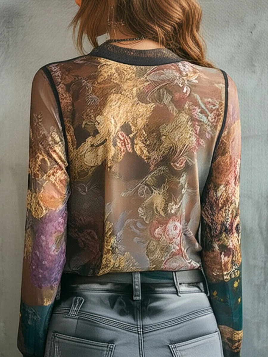 V Neck Lace Trim Floral Boho Patchwork Blouse - Image 5
