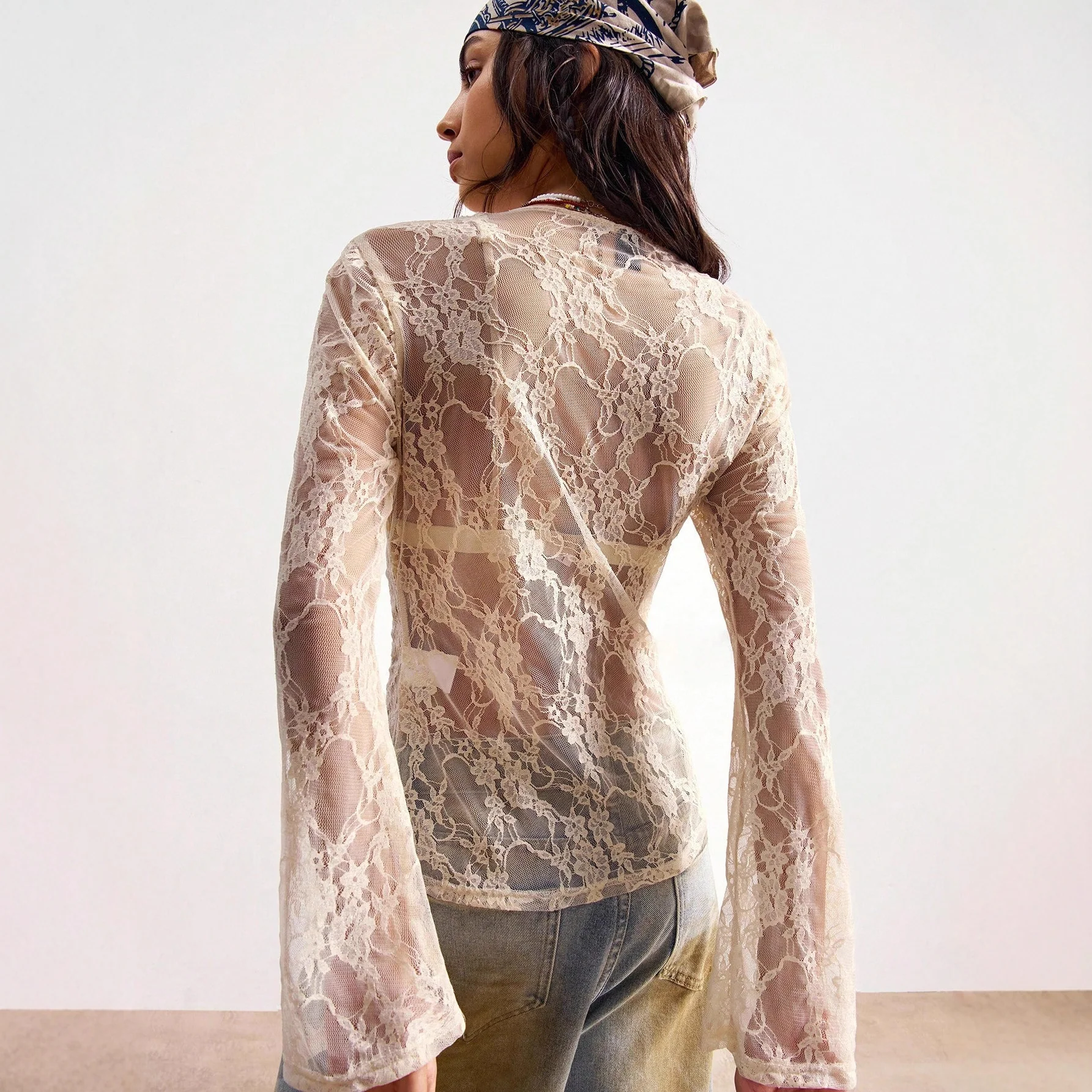 V-neck long-sleeved lace see-through Top - Image 2