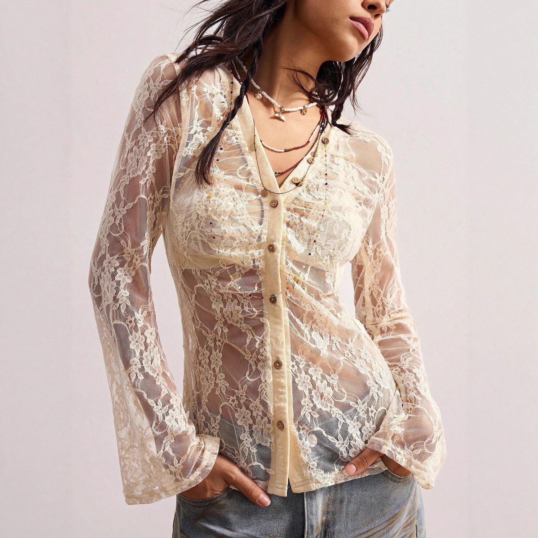 V-neck long-sleeved lace see-through Top - Image 3