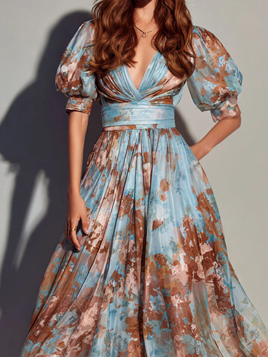 V-Neck Puff Sleeves Sky Blue And Mocha Floral Chiffon Midi Dress - Image 2