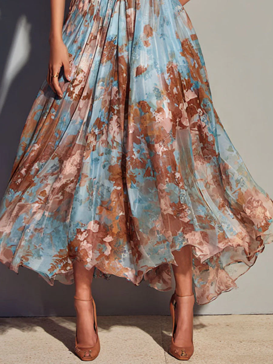 V-Neck Puff Sleeves Sky Blue And Mocha Floral Chiffon Midi Dress - Image 3
