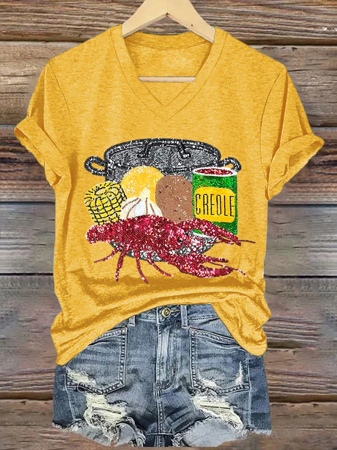 [Christmas Gifts]V-neck Retro Mardi Gras Crawfish Season Print T-Shirt - Image 3