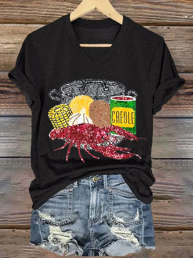 [Christmas Gifts]V-neck Retro Mardi Gras Crawfish Season Print T-Shirt - Image 4