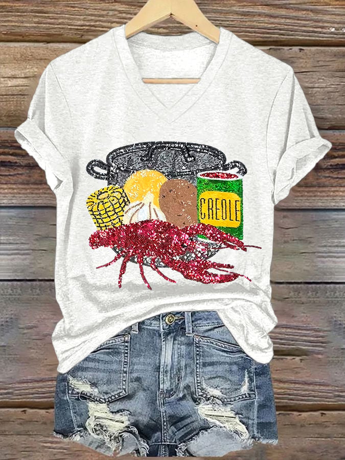 [Christmas Gifts]V-neck Retro Mardi Gras Crawfish Season Print T-Shirt - Image 5