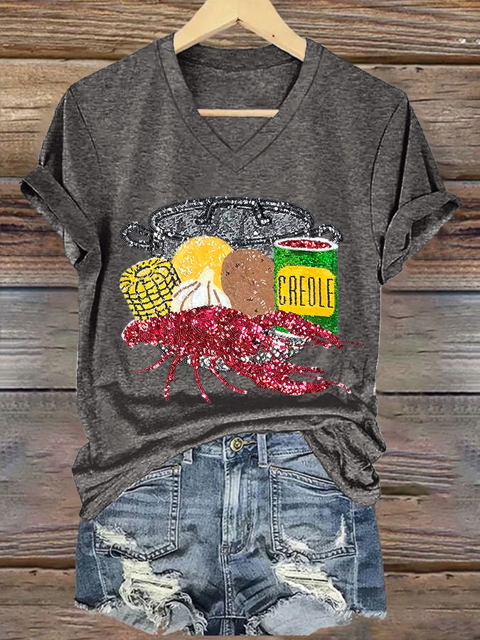 [Christmas Gifts]V-neck Retro Mardi Gras Crawfish Season Print T-Shirt - Image 6