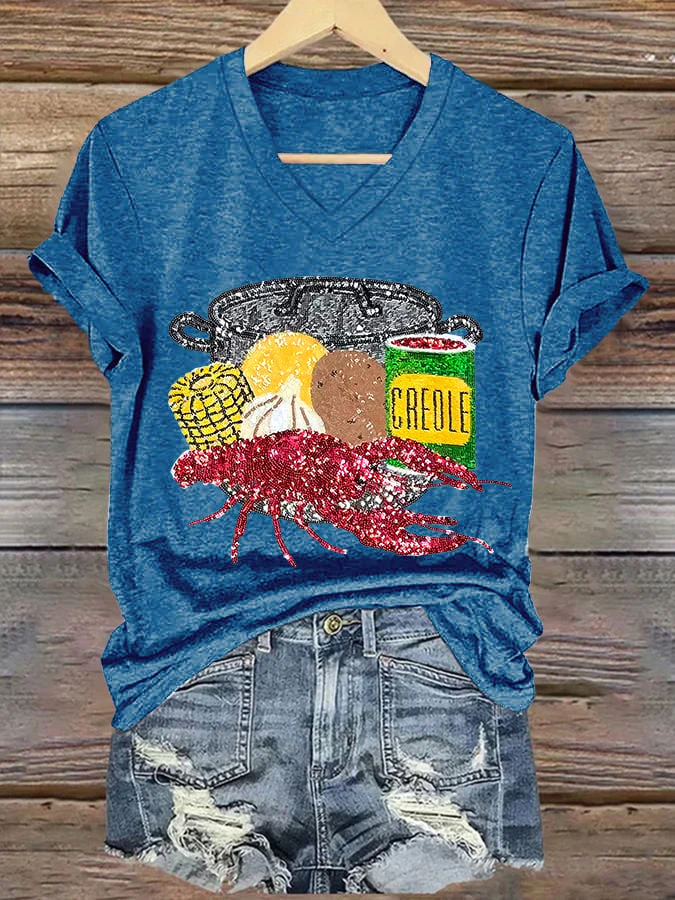 [Christmas Gifts]V-neck Retro Mardi Gras Crawfish Season Print T-Shirt - Image 7