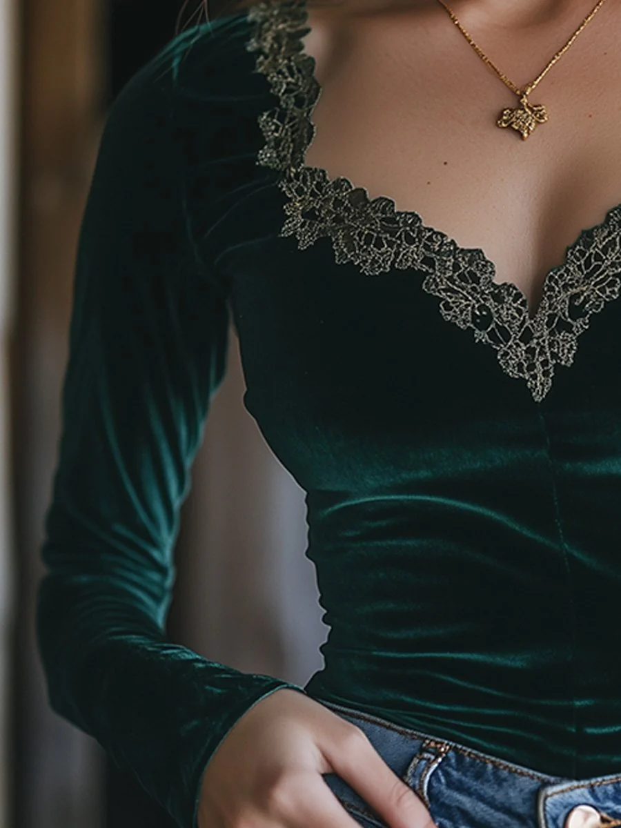 (clearance)V-neck Velvet Lace Slim-fit Long-sleeved Shirt - Image 2