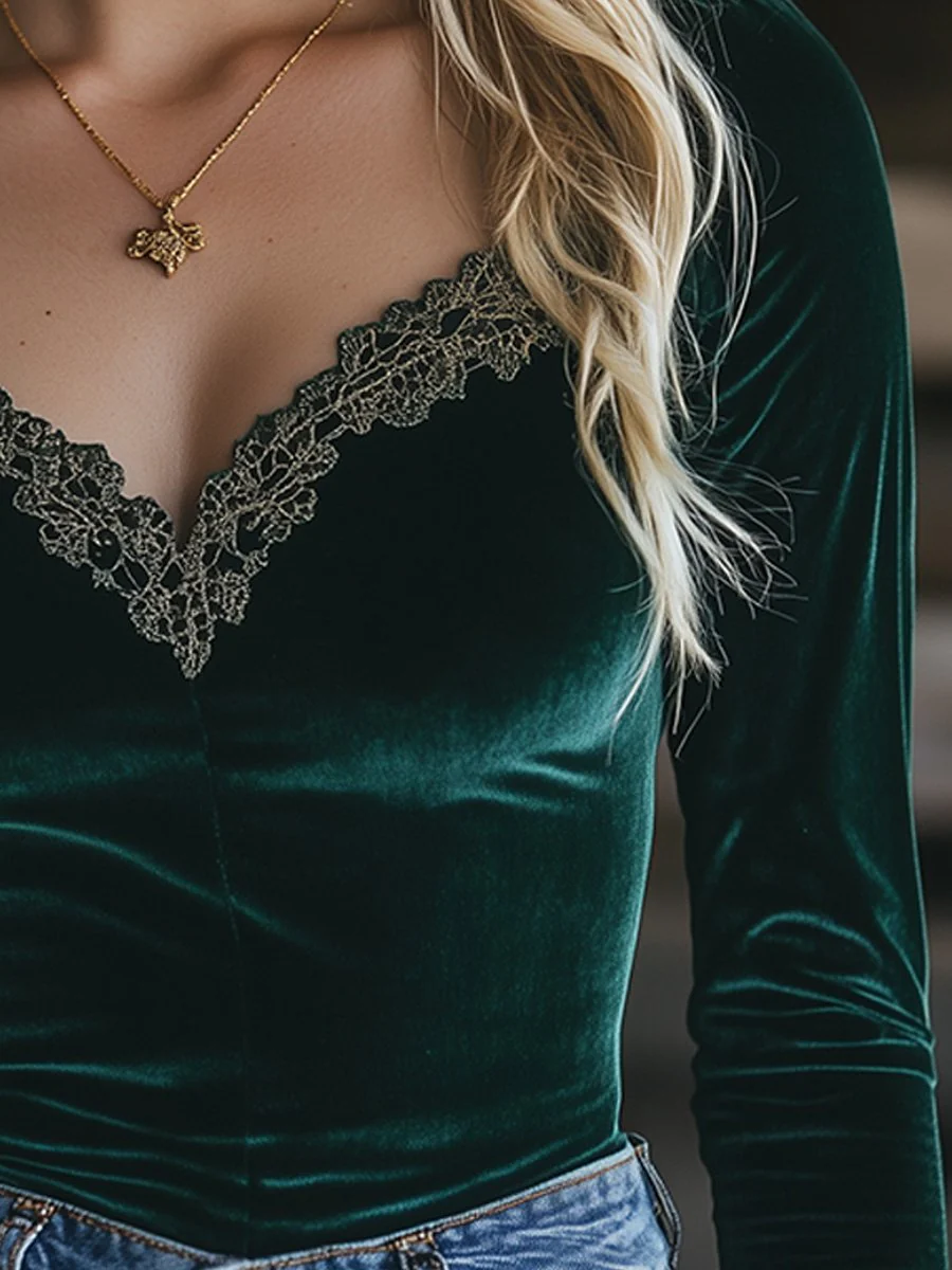(clearance)V-neck Velvet Lace Slim-fit Long-sleeved Shirt - Image 3