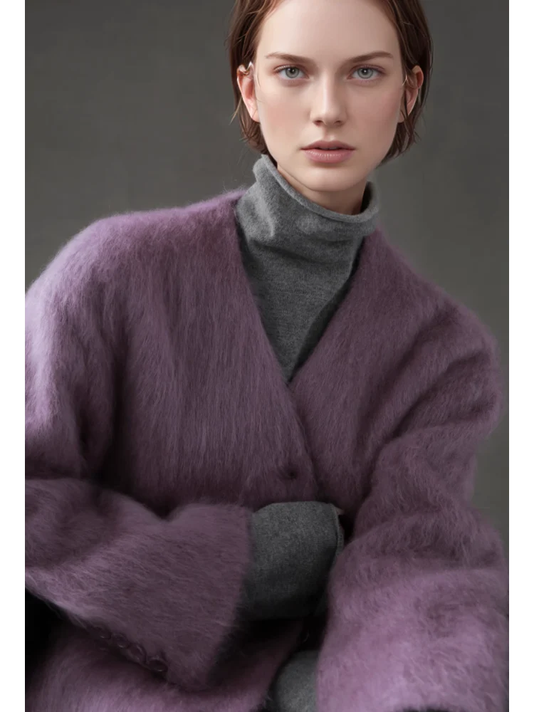 V-Neck Wool Coat for Women – Double-Faced Cashmere Blend Brushed Short Jacket, Elegant Autumn Winter Outerwear - Image 2