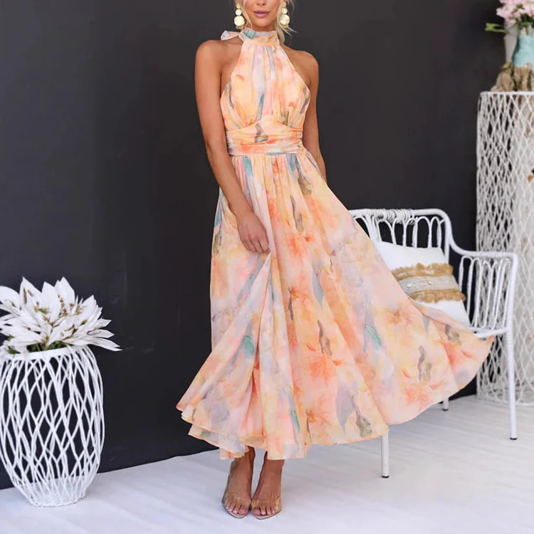 Vacation Style Sleeveless Printed Backless Dress
