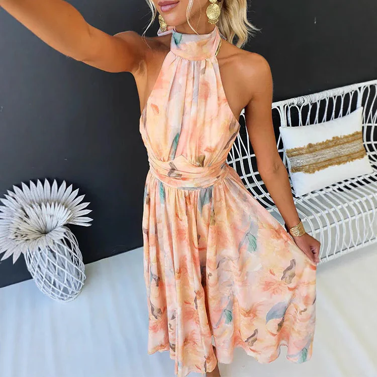 Vacation Style Sleeveless Printed Backless Dress - Image 2