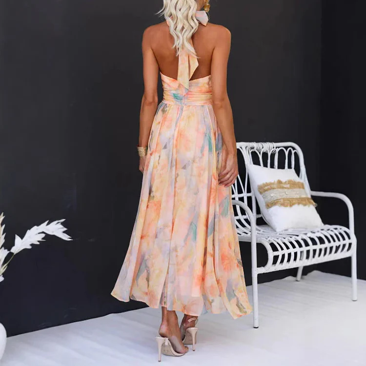 Vacation Style Sleeveless Printed Backless Dress - Image 3